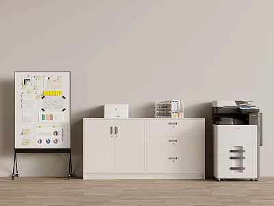 White Office Storage Cabinet In Workspace With Bulletin Board Notes Charts Printer And Documents 3d model