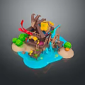 Scenic Island Landscape With Wooden Building Blue Waterfall Green Bushes Red Ribbon And Yellow Decorations