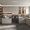 Modern Kitchen Interior With Grey Cabinets Stainless Steel Appliances Island Counter And Recessed Lighting