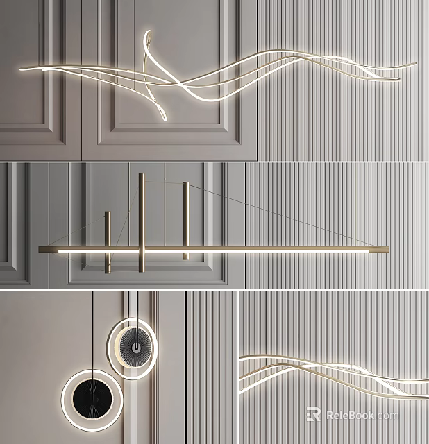 Modern Linear Chandelier With Curved Metal Frame For Contemporary Dining Room Interior 3d model 