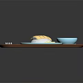 Stacked Crepe On Blue Plate With Brown Tray Green Red Black Sauces And Fork Spoon