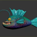 Iridescent Teal Fantasy Fish With Large Yellow Eyes Sharp Teeth And Antenna Lure