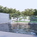 Garden Ornament Design With Pond Shaped Trees Decorative Wall And Green Background