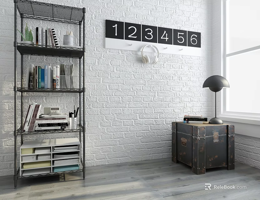 Multi tiered Black Bookcase With Books Plants Storage Boxes Against White Brick Wall And Number Clock 3d model 