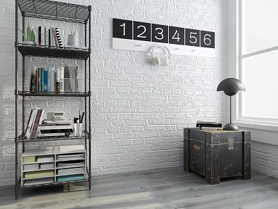 Multi tiered Black Bookcase With Books Plants Storage Boxes Against White Brick Wall And Number Clock 3d model
