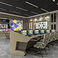 Monitoring Room Interior With Camouflage Patterned Walls Large Control Console And Big Screen