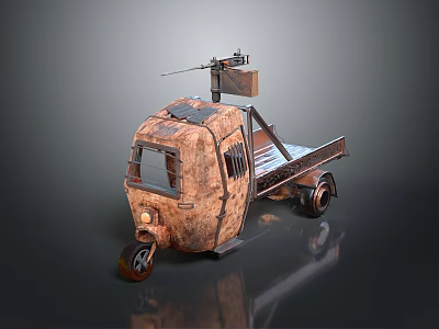Rusty Military Vehicle With Vintage Design Flatbed Trailer And Roof Mounted Equipment 3d model