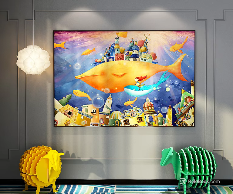 Vibrant Children's Room Wall Art With Yellow Fish Castle And Decorative Lamp 3d model 