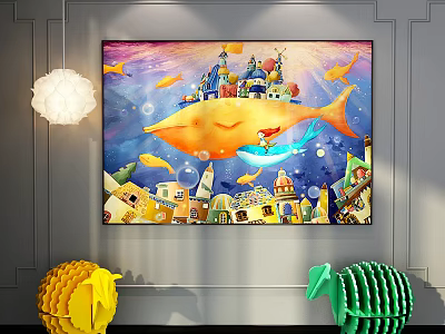 Vibrant Children's Room Wall Art With Yellow Fish Castle And Decorative Lamp 3d model