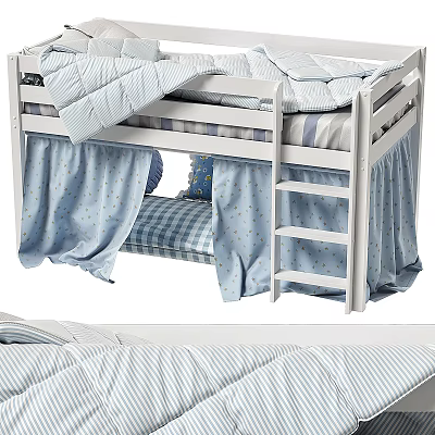 White Bunk Bed With Blue Polka Dot Curtains Striped Mattress And Ladder 3d model