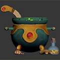 Colorful Cauldron With Green Liquid Wooden Spoon Potion Bottle Small Crab Toy And Ginger Root