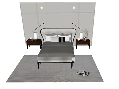 Minimalist Background Double Bed Interior With Nightstands Table Lamps Vases Rug And Magazines On Floor 3d model
