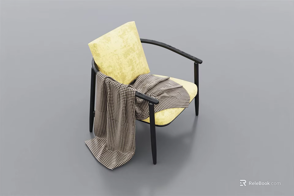 Cozy Modern Yellow Single Sofa With Black Armrests Legs And Plaid Pattern Blanket 3d model 