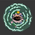 Scene Structure With Halo Long Hair and Circular Decorations Surrounded by Flowers and Green Elements