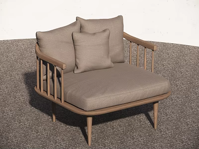 Modern Wooden Frame Armchair With Light Gray Cushion And Soft Pillows 3d model