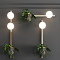 Modern Wall Lamps With Golden Brackets Round Bulbs And Green Plants On Gray Decorative Wall