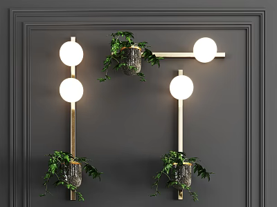 Modern Wall Lamps With Golden Brackets Round Bulbs And Green Plants On Gray Decorative Wall 3d model