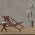 Wooden Lounge Chair Featuring Side Table Books Palm Plant In White Planter On Wooden Floor