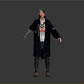 Futuristic Game Movie Character With Mechanical Arm Grey Coat X Symbol And Orange Shoes