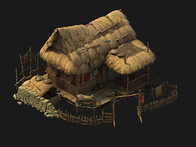 Traditional Thatched Roof Wooden Residential House With Bamboo Fence And Rural Design 3d model