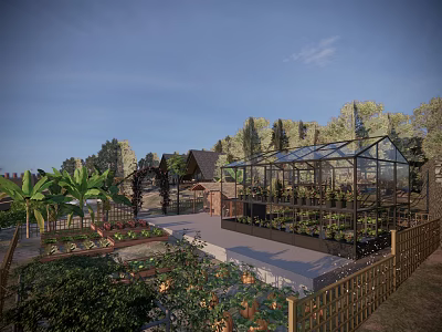 Charming Homestay Building With Glass Greenhouse Lush Garden And Trees In Natural Setting 3d model