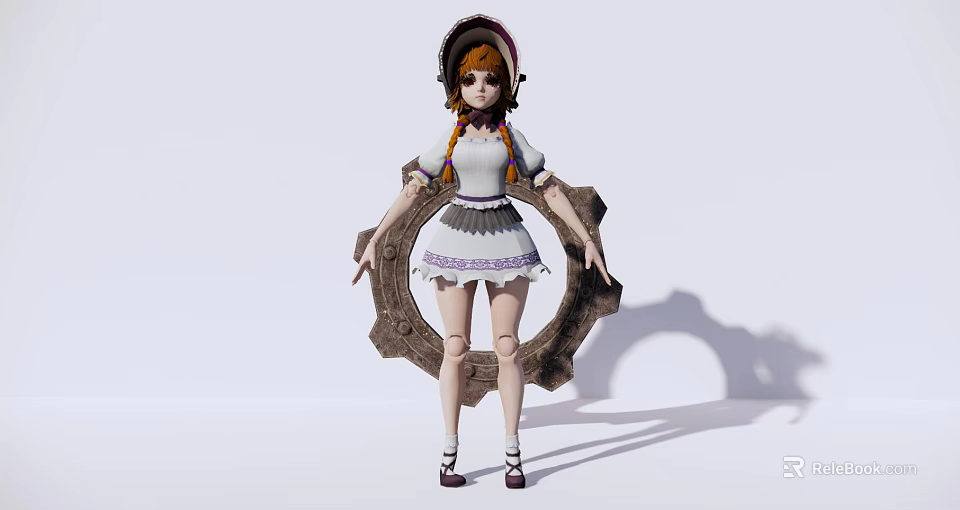 Game And Movie Character With Braided Hair Hat White Dress And Gear Ring 3d model 