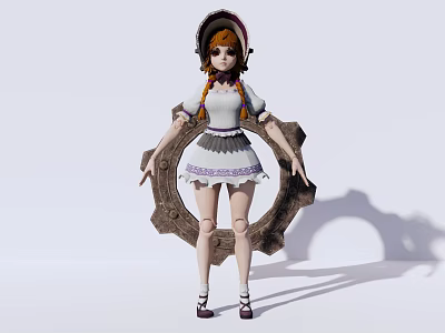 Game And Movie Character With Braided Hair Hat White Dress And Gear Ring 3d model
