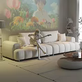 Cozy Living Room Interior With Green Sofa Floral Projected Wall Floor Lamp And Wooden Floor