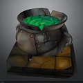 Old Rusty Metal Cauldron Filled With Green Liquid On Cracked Brick Base