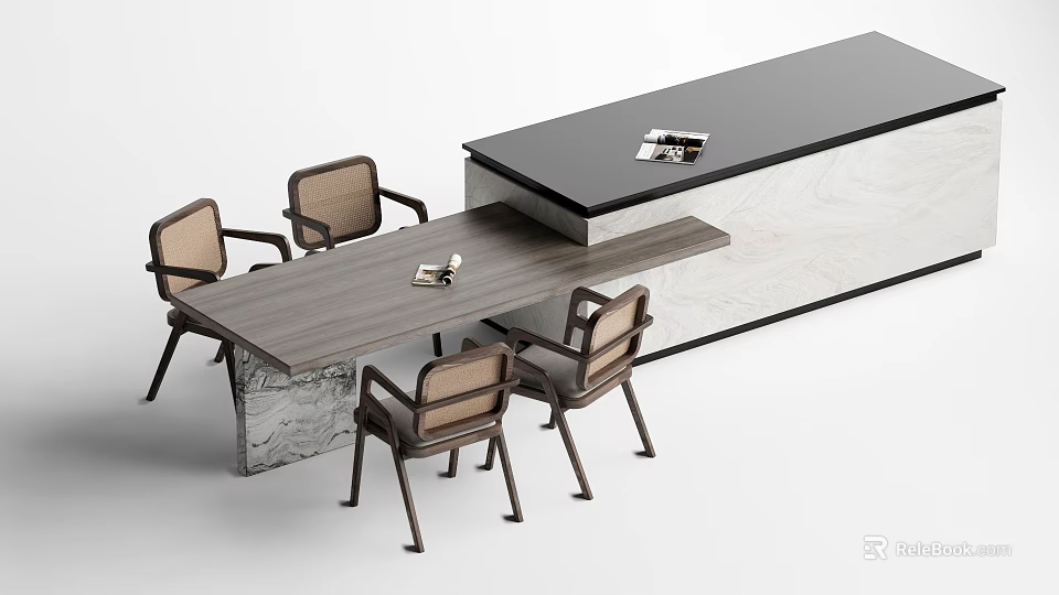 Modern Wooden Dining Table Set With Four Chairs Black Countertop And Marble Base 3d model 