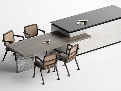 Modern Wooden Dining Table Set With Four Chairs Black Countertop And Marble Base 3d model