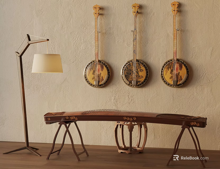 Traditional Stringed Instruments Decor With Wall Mounted Lutes Zither And Floor Lamp 3d model 