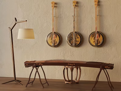 Traditional Stringed Instruments Decor With Wall Mounted Lutes Zither And Floor Lamp 3d model