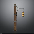 Vintage Wooden Lamp Post With Metal Rings And Hanging Lantern