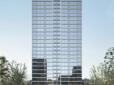 High Rise Residential Building With Glass Curtain Wall And Trees Against Blue Sky 3d model