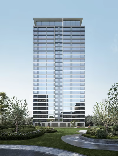 High Rise Residential Building With Glass Curtain Wall And Trees Against Blue Sky 3d model