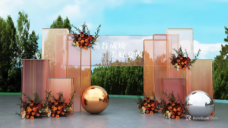 Starry Sky Party Decoration With Transparent Arch Floral Arrangements And Metallic Spheres 3d model 