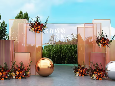 Starry Sky Party Decoration With Transparent Arch Floral Arrangements And Metallic Spheres 3d model