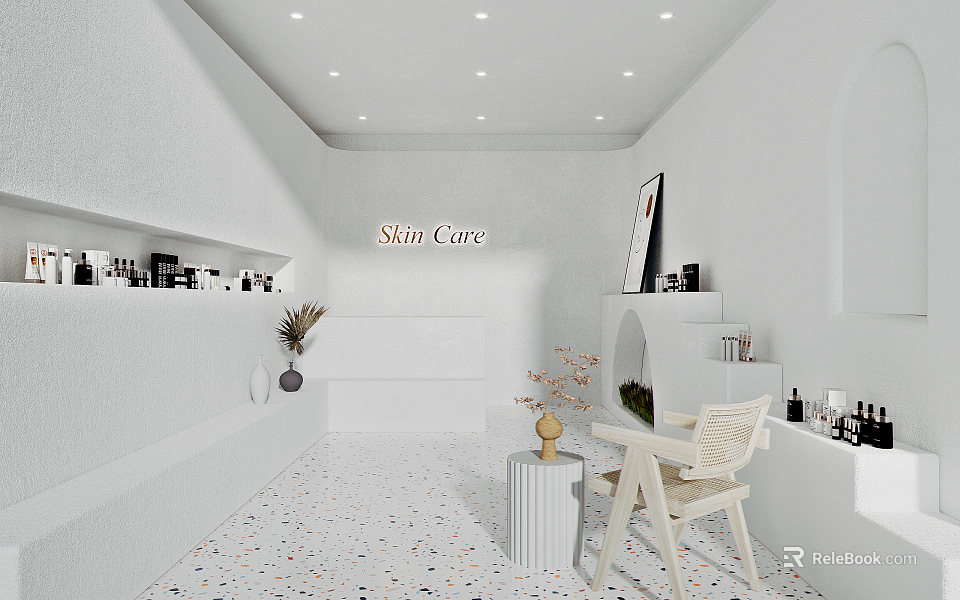 Skin Care Store White Interior Design With Product Shelves Seating And Decor 3d model 