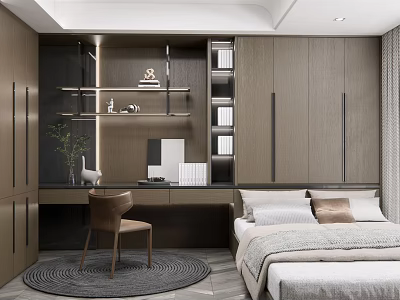 Tatami Bedroom Interior With Wooden Cabinets Desk Chair Shelf And Modern Rug 3d model