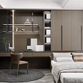 Tatami Bedroom Interior With Wooden Cabinets Desk Chair Shelf And Modern Rug