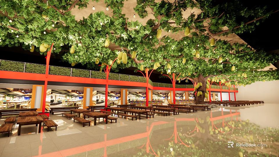 Large Indoor Arbor With Green Leaves Yellow Fruits Red Pillars Long Tables In Dining Space 3d model 