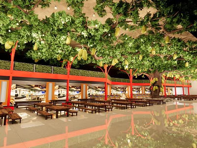 Large Indoor Arbor With Green Leaves Yellow Fruits Red Pillars Long Tables In Dining Space 3d model