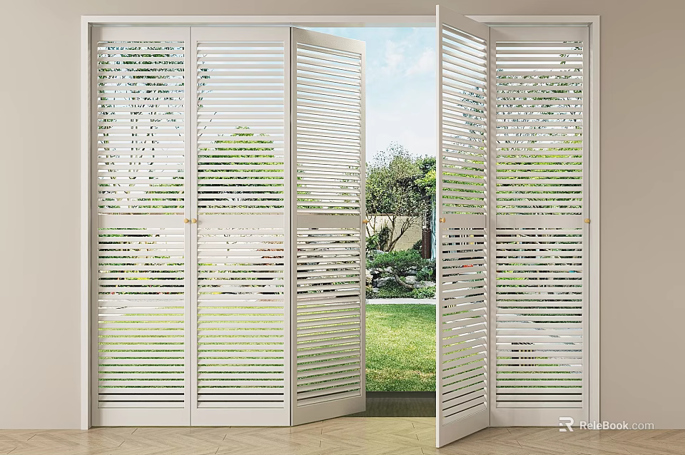 White Louvered Folding Doors Open To Indoor Outdoor View With Green Lawn And Trees 3d model 