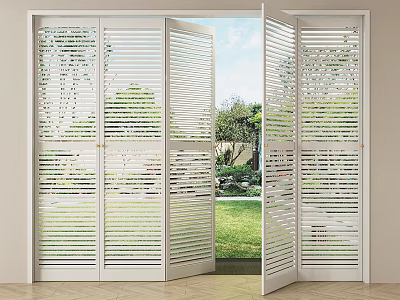 White Louvered Folding Doors Open To Indoor Outdoor View With Green Lawn And Trees 3d model