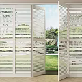 White Louvered Folding Doors Open To Indoor Outdoor View With Green Lawn And Trees