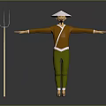 Man In Brown Shirt Green Pants White Conical Hat Arms Outstretched Next To Hay Fork