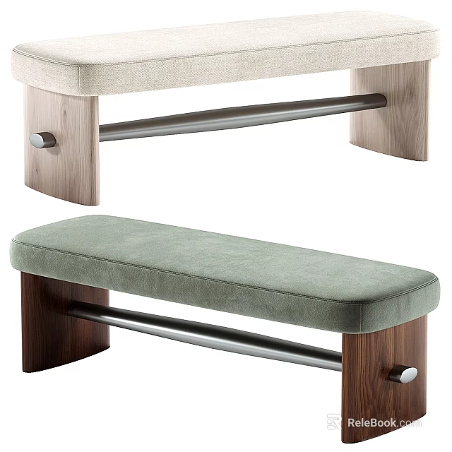 Upholstered Benches With Beige And Green Cushions Wooden Legs And Metal Support Bars 3d model 