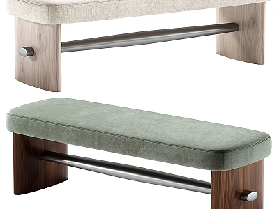 Upholstered Benches With Beige And Green Cushions Wooden Legs And Metal Support Bars 3d model