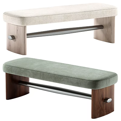 Upholstered Benches With Beige And Green Cushions Wooden Legs And Metal Support Bars 3d model